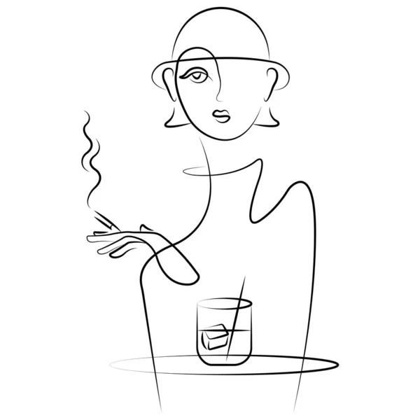 Silhouette Une Fille Avec Une Cigarette Verre Table Style Minimaliste — Image vectorielle