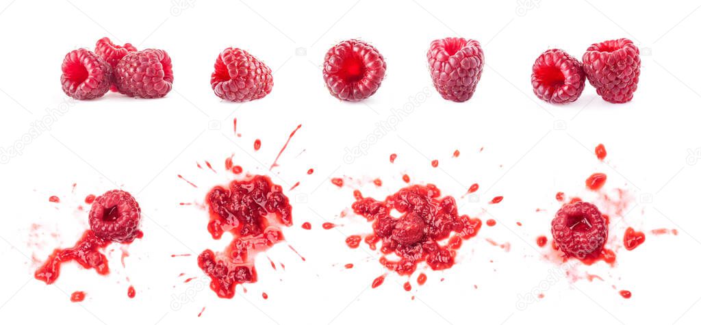 Smashed raspberries isolated on white
