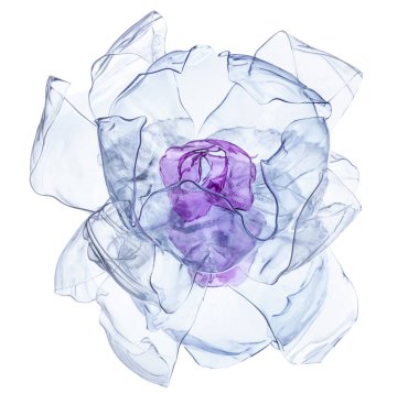 Beyaz arka planda izole edilmiş plastik şişelerden (geri dönüşümlü çöp konsepti) oluşan soyut plastik çiçek