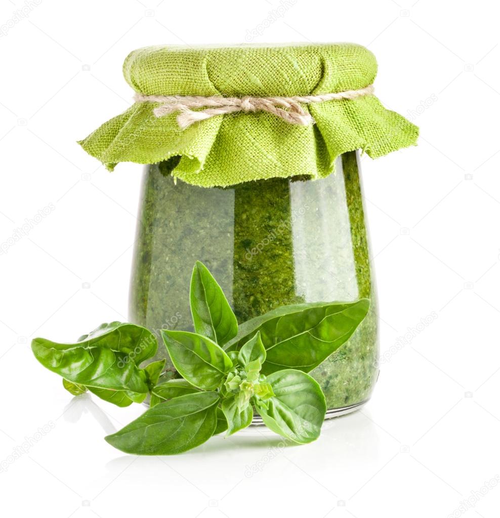 Basil and Glass jar of pesto sauce Stock Photo by ©msk_nina 52168771