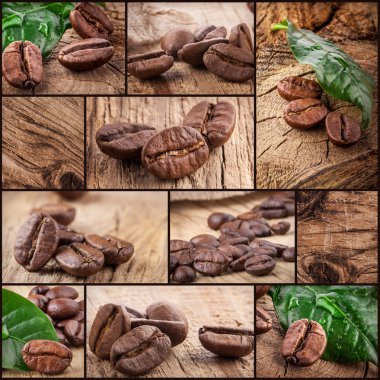 Coffee grains on wooden background clipart