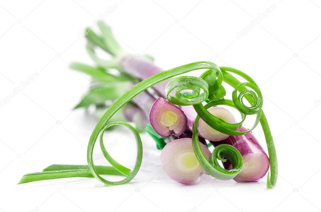 Chopped spring onions on white background