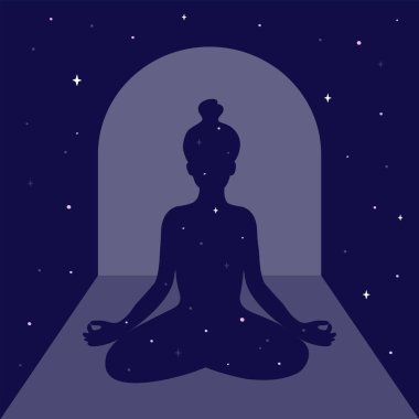 Farkındalık meditasyonu, uygulama, vücut taraması konsepti. Gece gökyüzünde kemer ve ay ışığında kadın silueti. Meditasyon yapan kadın. Evren ve yıldızlar kızın içinde ve etrafında. Kişisel bakım vektör illüstrasyonu