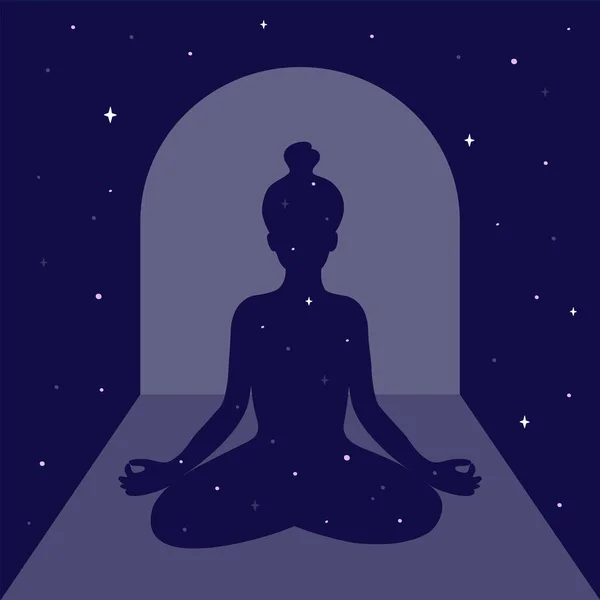 精神的な瞑想や練習 ボディスキャンの概念 夜空と月の光のアーチの女性のシルエット 瞑想の女性 宇宙と星の周りの女の子 セルフケアベクトルイラスト — ストックベクタ