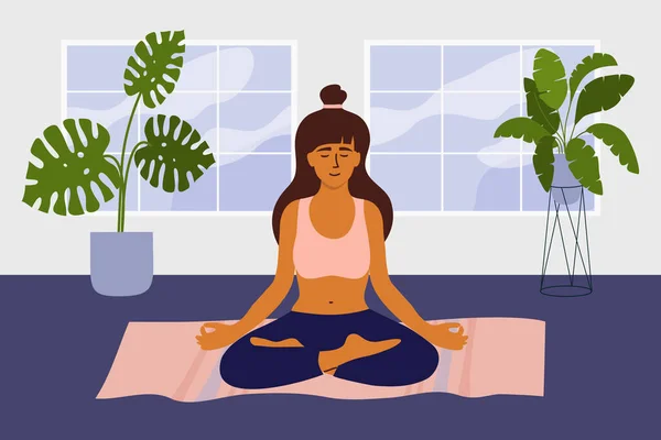 家での精神的な瞑想やトレーニング アパートのリビングルームで蓮のポーズ瞑想の若い女性 女の子の床の上に足を渡った座っている リラックスヨガ 呼吸制御 セルフケアベクトルイラスト — ストックベクタ