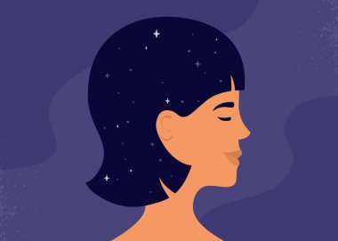 İçinde evren olan bir kadın kafası. Akıl sağlığı, psikoloji, astroloji. Farkındalık meditasyonu veya pratiği. Kadın beyni. İyilik, sağIık zihni. Gözleri kapalı bir kız. Kişisel bakım vektör illüstrasyonu
