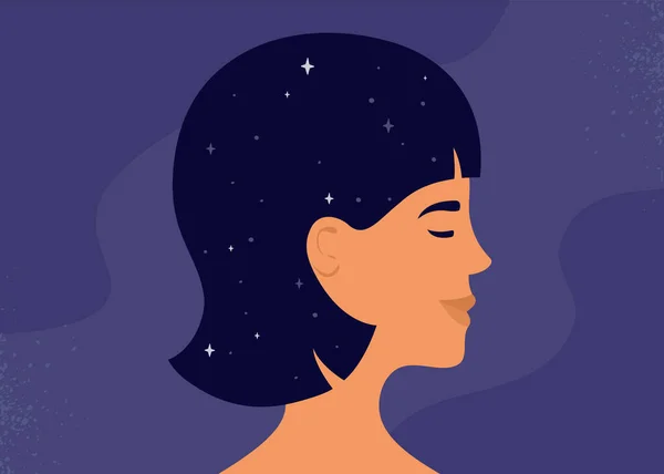 Cabeça Feminina Com Universo Dentro Saúde Mental Psicologia Astrologia Meditação — Vetor de Stock