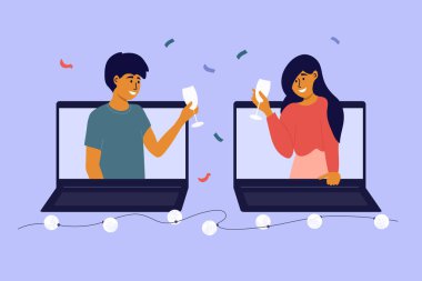 İnsanlar olayı uzaktan kutluyor. Sanal partide arkadaşlarımla buluşacağım. Online randevu, doğum günü, Noel, yeni yıl. Kadın ve erkek bilgisayarda görüntülü arama yapar, konuşur, şarap içerler. Dijital vektör illüstrasyonu