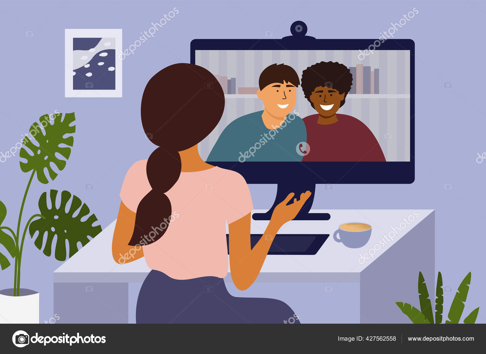 Friends online video conference by computer. Young people chat with each  other virtually in video call