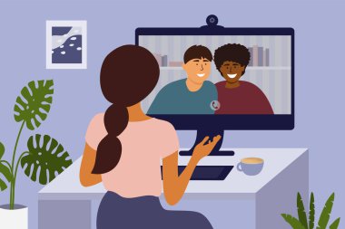 Arkadaşlarla görüntülü görüşme. Bilgisayar kamerasıyla birkaç kişiyle konuşan bir kız. Çevrimiçi konferans, sanal toplantı. Genç bir adam ve kadın uzaktan sohbet ediyorlar. Evde kal, mesafeli ol. Vektör illüstrasyonu