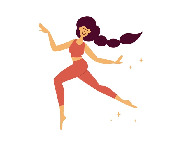 幸せなインスピレーションを受けた女の子の人生を楽しんで踊る セルフケア 自分自身を愛し 体を積極的に 自信のある女性の歩行飛行を移動します 星の運動選手の若い女性のフルート 女性の力 フリーベクトルイラスト — ストックベクタ