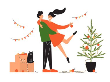 Genç bir çift Noel ağacını süslüyor. Tatiller evde. Adam kadını elinde tutuyor. Mutlu Noeller, mutlu yeni yıl kartpostalları. Kedi kutunun üzerinde şenlikli dekorlar ve çelenklerle oturuyor. Vektör illüstrasyonu