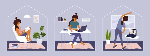 Zůstaňte Pracujte Domácích Ilustrací Roztomilá Dívka Sedí Židli Čte Knihy — Stockový vektor