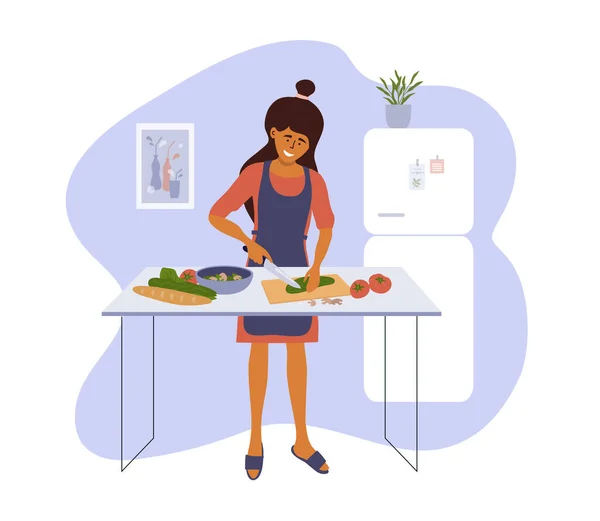 Quédate Casa Cocina Comida Saludable Mismo Mujer Sonriente Cocinando Comidas — Vector de stock