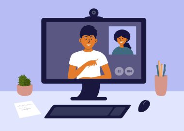 Ana ofiste bilgisayar ağı. Erkek ve kadın online video görüşmesi yapıyor, webcam ile konuşuyorlar. Uzaktan takım çalışması, web konferansı. İşe alma, iş görüşmesi. E-öğrenme, çalışma. İş yeri vektör illüstrasyonu