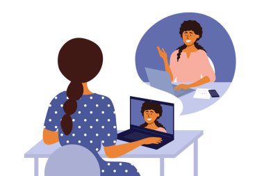 İş kadınlarının online video görüşmesi, ağ kurmak ya da internet konferansı. Bilgisayarla konuşuyorum. İnternet iletişim teknolojisi. İş, iş görüşmesi, iş. İş yeri, ev ofis vektör illüstrasyonu