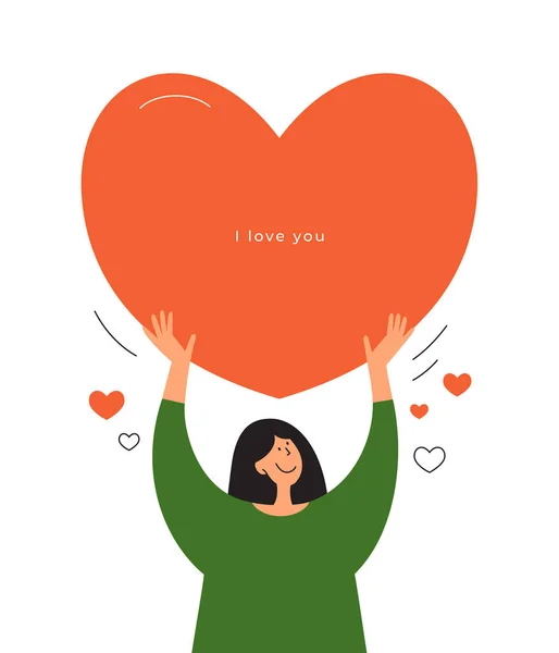 Happy Girl Holding Big Red Heart Hands Head Valentine Postcard — Stock Vector