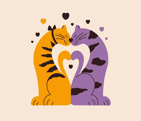 Dos Gatos Enamorados Par Amantes Tocan Por Nariz Besan Feliz — Vector de stock