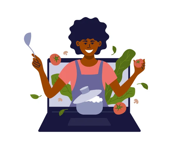Donna Afroamericana Con Utensili Cucina Guardare Fuori Dal Computer Portatile — Vettoriale Stock
