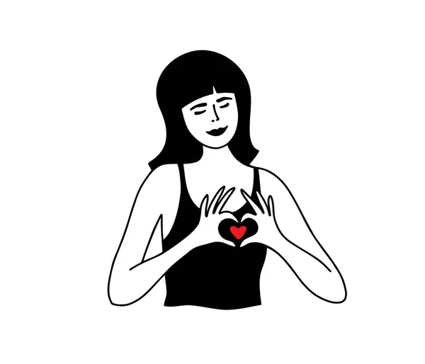 Νεαρή Γυναίκα Που Δείχνει Ερωτικό Σημάδι Χέρια Θηλυκό Σχήμα Καρδιάς — Διανυσματικό Αρχείο