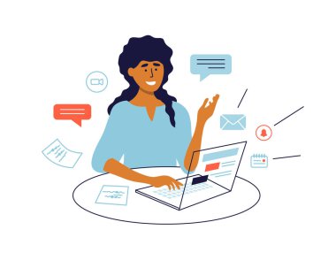 Çoklu görev konsepti. Dizüstü bilgisayarla çalışan bir kadın, görüntülü konuşma yapıyor. İnternette kadın sohbeti. Uzaktan ofis, iş, iş, iş yeri. E-posta, uyarı işareti. Teknoloji vektör illüstrasyonu