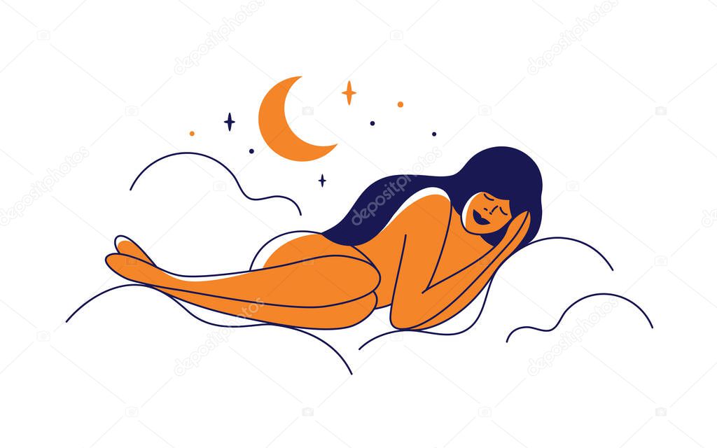 Beautiful woman figure sleeping on air cozy bed of clouds in starry sky. Healthy sleep, self or body care. Night sweet dream vector illustration. Female silhouette in moonlight, stars, crescent moon