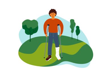 Kırık bacaklı genç adam doğa parkında yürüyor. Koltuk değnekleriyle hayattan zevk alan engelli adam. Fiziksel engelli açık hava eğlencesi. Sağlık, pozitif tavır, rehabilitasyon vektörü çizimi