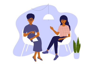 Psikolojik yardım. Psikoterapi seansı, terapi akli sorunları ya da kadın depresyonu tedavisi. Üzgün kadın ve psikolog sandalyede oturarak konuşuyor. Anksiyete, stres, sağlık vektörü çizimi