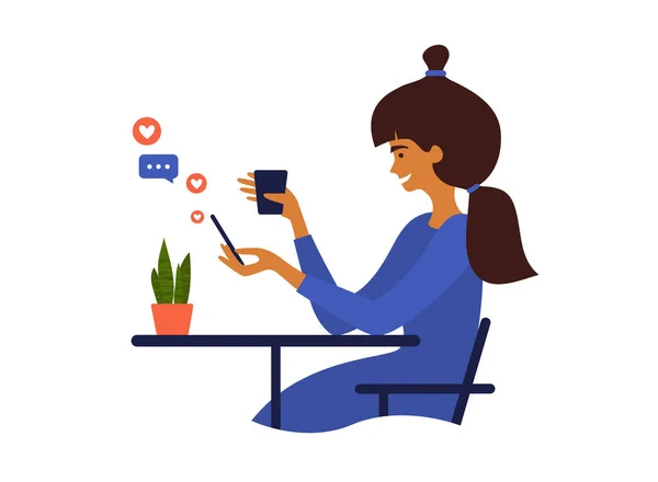 Mujer Joven Usando Smartphone Linda Chica Sentada Mesa Bebiendo Café — Vector de stock