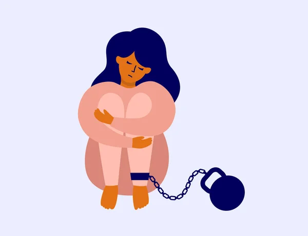Mutsuz, zincirlenmiş ve dizlerine sarılmış bir kadın. Sorumluluk, borç, suçluluk duygusu. Korkunun yerçekimi, kendini suçlama. Zihinsel bozukluk, endişe. Depresyondaki kız vektör çizimi