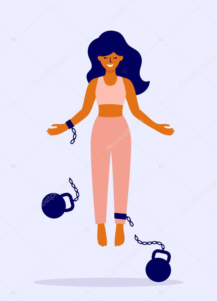 Happy female soaring after fetter relief. Freedom vector illustration. Mental liberation, body positive, happiness, separation concept. Flying free woman. Girl breaks chained weight on her arm and leg