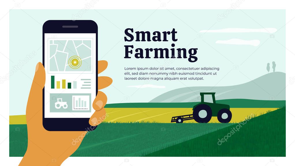 Smart farming layout template. Human hand holding smartphone with map, chart, graph, controlled tractor plowing agricultural field. Innovation technology in agriculture. Farm land vector illustration