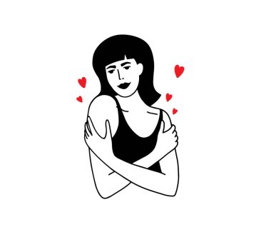 Kendine sarılma, aşk, kendine dikkat et, vücut pozitifliği. Gülümseyen güzel bir kadın omuzlarını kucaklıyor. Kısa saçlı ve kalbi olan tatlı bir kız kendine sarılıyor. İzole edilmiş el çizimi vektör çizimi
