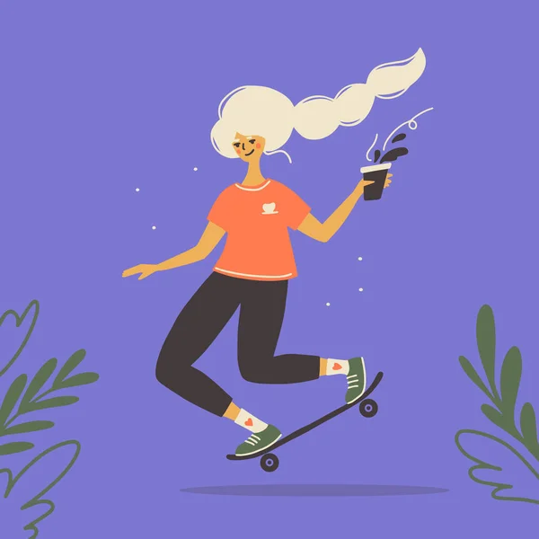 スケートボードライドベクトルイラスト ロングボードにコーヒーを片手に若い幸せな女性スケーター スケートボード上の白い髪と黒のパンツとかわいい女の子 女性の屋外活動 健康的なスポーツ — ストックベクタ