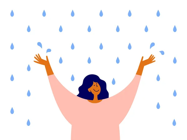 Happy Woman Raised Arms Stands Enjoying Rain Optimist Female Character — Stock Vector