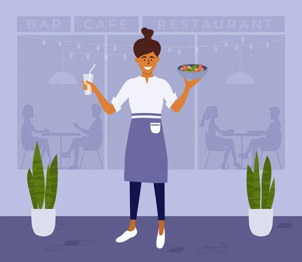 Joven Camarera Feliz Propietaria Café Mujer Lleva Comida Trabajador Restaurante — Vector de stock
