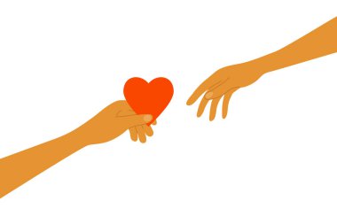 Aşkı paylaşmak. İnsan eli, kırmızı kalp şeklini başka birine uzatır. Hayır işi, gönüllü iş konsepti. Fakir ya da mültecilere yardım eli uzatmak. Sevgililer Günü kartpostalın kutlu olsun. Aşk vektör illüstrasyonu