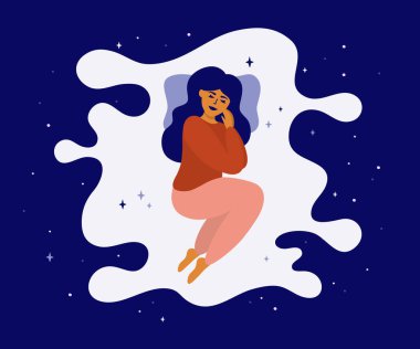 Healthy sleep, sweet dream concept. Young woman sleeps on abstract mattress in night starry sky. Cute girl lying on cloud bed. Health care, enjoying of sleeping. Time to relax flat vector illustration