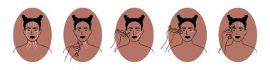 Vector icons set of facial massage by jade or quartz face roller. Young woman showing how to use massager by massage line. Skin care scheme, relaxing, anti aging lifting. Female portrait illustrations