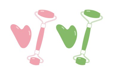 Kuvars ve yeşim yüzlü silindir ve gua sha kazıyıcı. Yüz gerdirme için doğal taş aletlerinin vektör çizimleri, yaşlanmayı önleyici masaj. Kristal silindirlerin izole ikonları, Guasha masaj aleti. Cilt bakımı