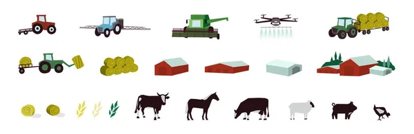Mezőgazdaság Állatállomány Ikonok Beállítva Mezőgazdasági Gépek Épületek Haszonállatok Szarvasmarhák Öntözés — Stock Vector