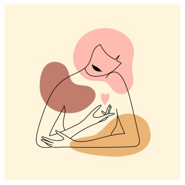 Kalbi elinde tutan minimalist kadın portresi. Basit moda doğrusal tarzında bir kadın silueti. Benlik, vücut bakımı, aşk posteri. Renkli soyut şekiller, modern sanat, güzellik tasvirleri