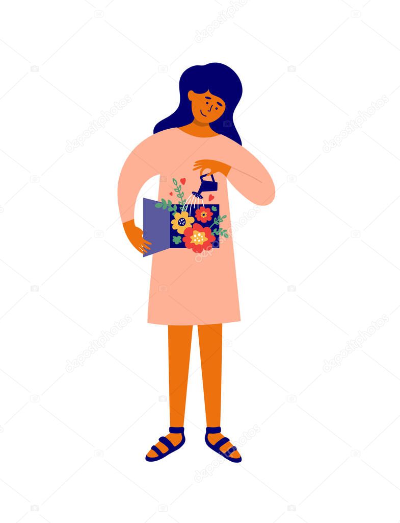 Self or body care, wellbeing, mental health, psychological therapy. Young female irrigates inner garden by watering can. Woman cares blossom flowers inside herself. Psychology vector illustration