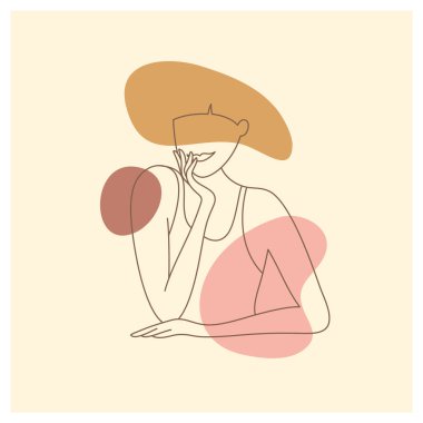 Gülümseyen güzel bir kadının minimalist portresi. Basit moda doğrusal tarzında bir kadın silueti. Kadınlık estetik posteri. Renkli soyut şekiller, modern sanat, güzellik. Şapkalı bayan.