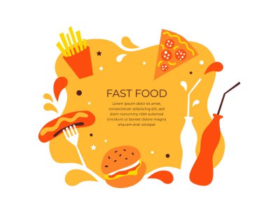 Fast food şablonu, vektör simgeleri ve metin. Sosisli sandviç, peynirli burger, pizza pepperoni, patates kızartması, içki. Sokak yemekleri festivali için afiş, menü, poster, reklam. Fast food çizimi