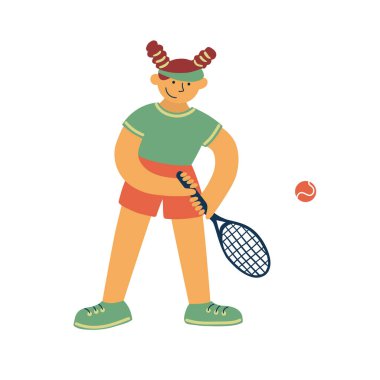 Tenis oyuncusu, spor oyunu. Raketi ve topu olan bir bayan sporcu. Oynayarak fiziksel aktivite. Kadın çizgi film karakteri. Tenis turnuvası. Aktif eğlence, kız vektör illüstrasyonunun sağlıklı yaşam tarzı