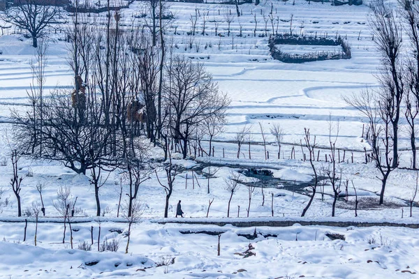 スリナガルからソンマルグ グルマルグへ向かう途中の雪に覆われた農村や川 ストック画像