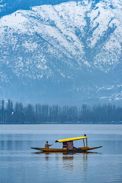 Een Uitzicht Dal Lake Winter Prachtige Bergketen Achtergrond Stad Srinagar — Stockfoto