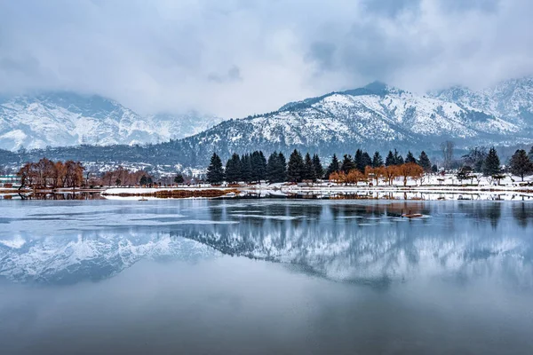 A view of botanical garden with lake in winter season, and the beautiful mountain range in the background in the city of Srinagar, Kashmir, India