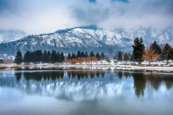 Een Uitzicht Botanische Tuin Met Meer Winter Seizoen Prachtige Bergketen Stockfoto